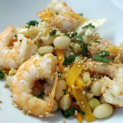 Crevettes sautées carottes chou fleur et coco de paimpol