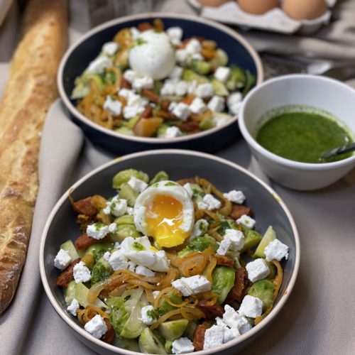 Choux bruxelle salade feta chorizo