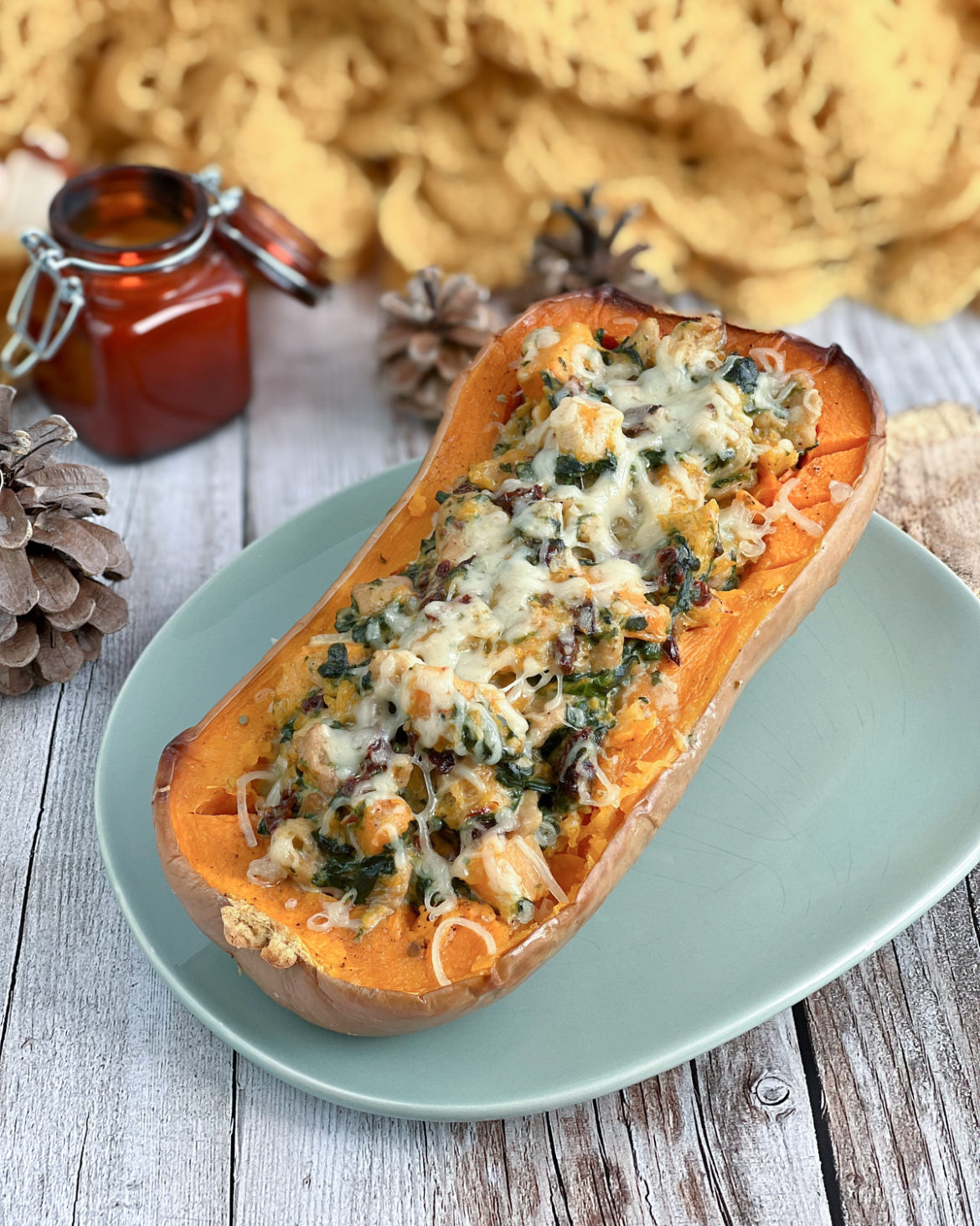 Butternut farcie soja épinard tomates séchées